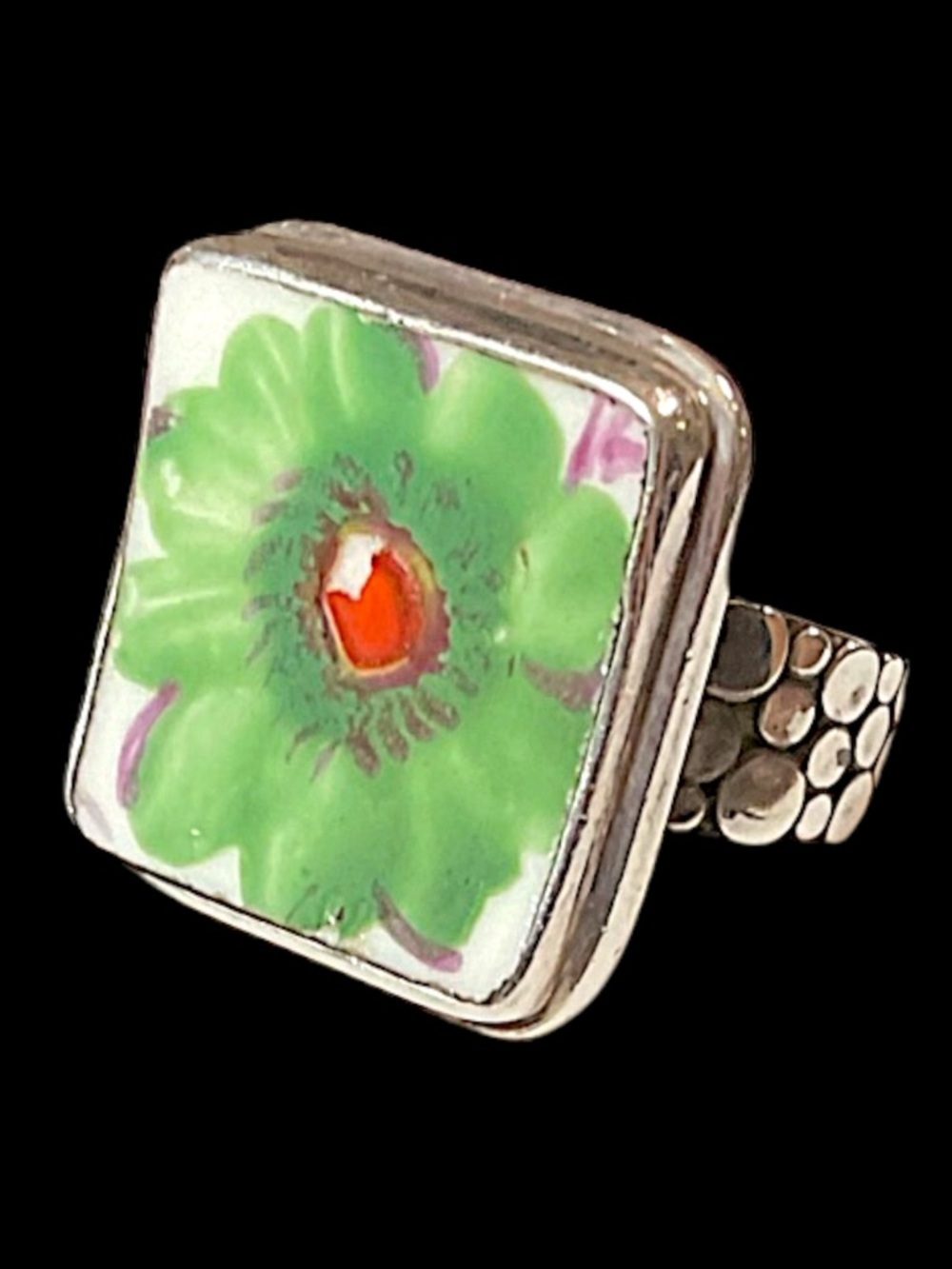 Vintage Sterling Silver China Baroque Cermamic Floral Ring Size 5